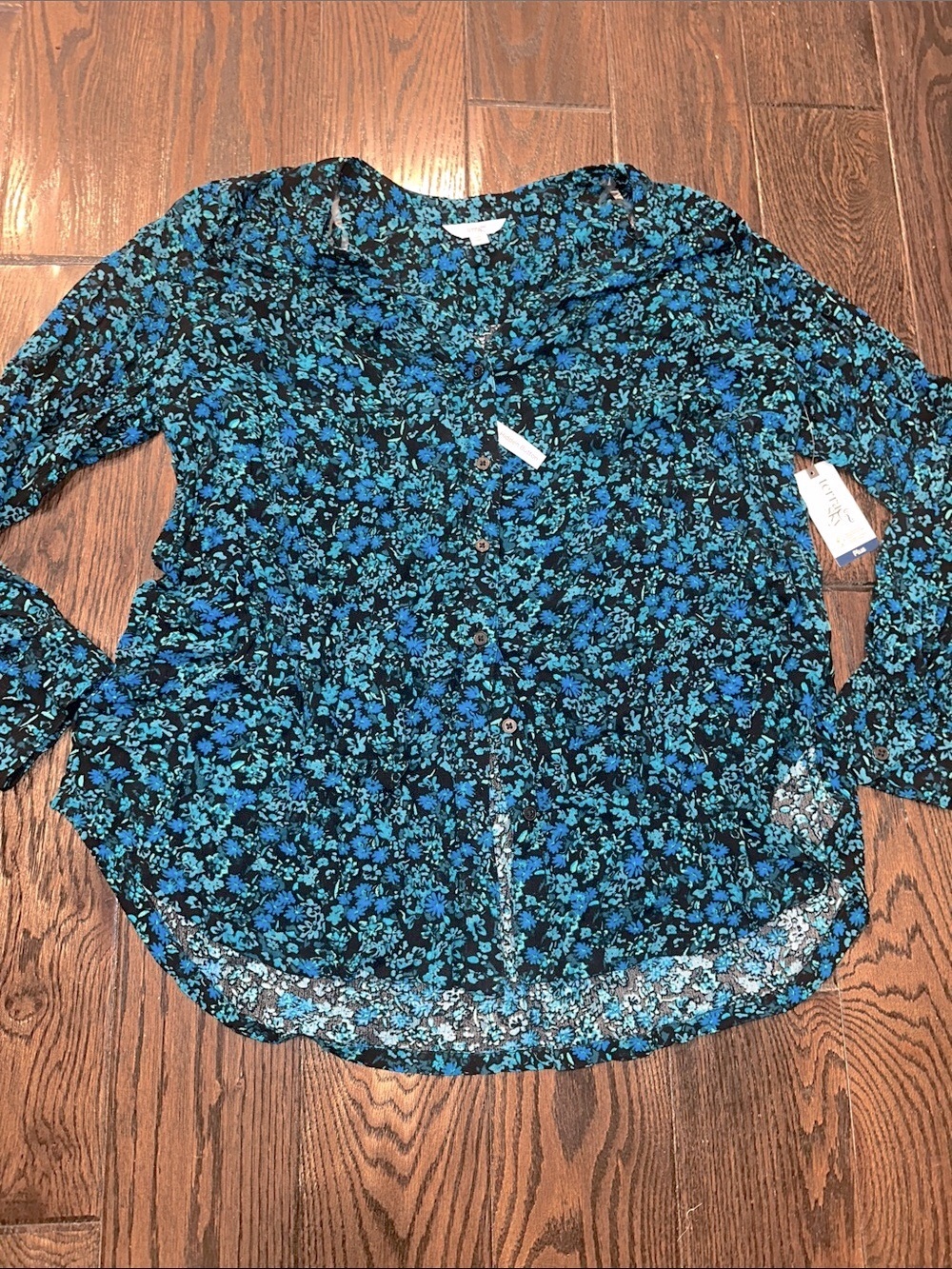 Terra & Sky Teal and Black Floral Button-Front Blouse size 0X new with tags